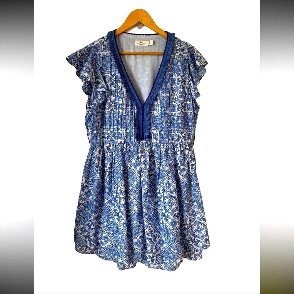 Vineyard Vines Cay Scarf Print blu&wht flttr slvs drss SZ L ocean coastal